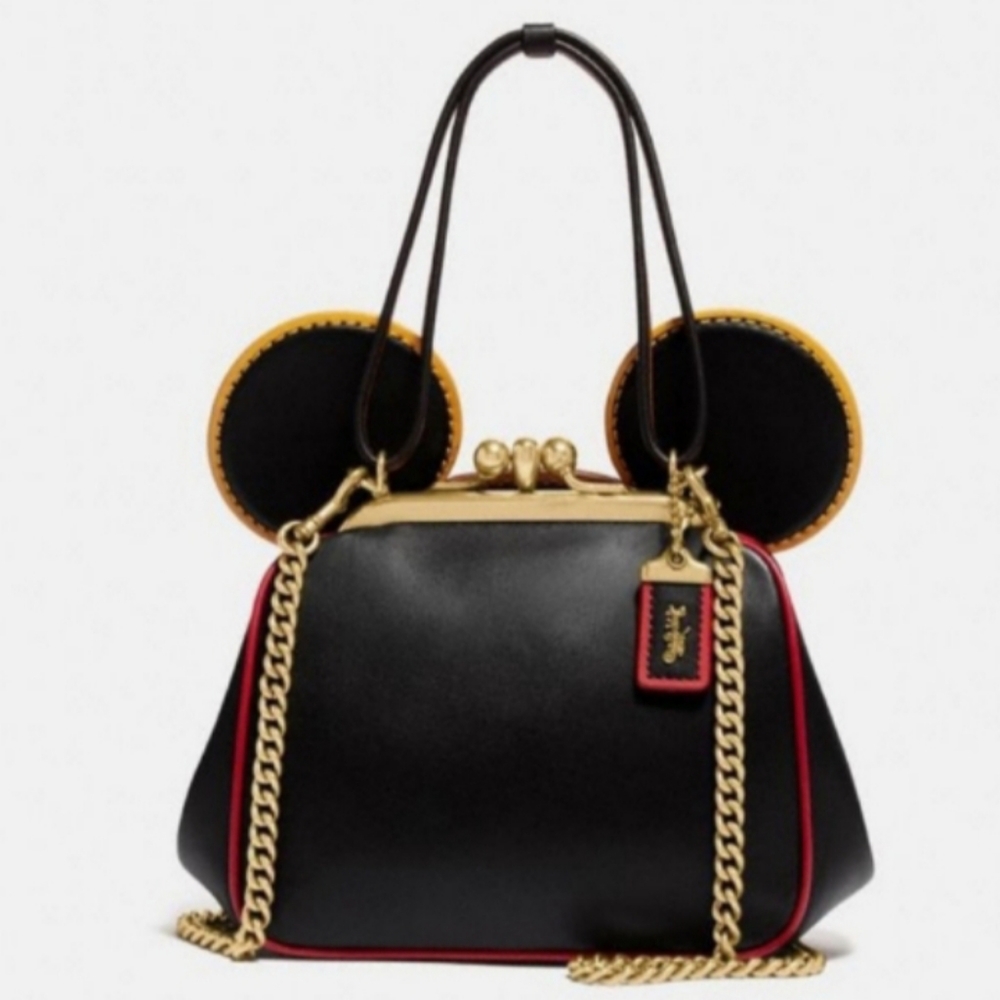 NWT COACH AND MICKEY MOUSE KEITH HARING SIGNATURE KISSLOCK;B4 IN BLACK LEATHER